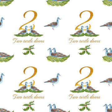 Seamless pattern inspired by The 12 Days of Christmas: two turtle doves. Watercolor festive design for wrapping paper, greeting cards, and holiday decorations.