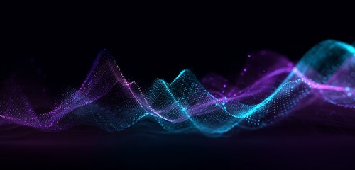 Violet and cyan data waves flowing from machine learning chip interface