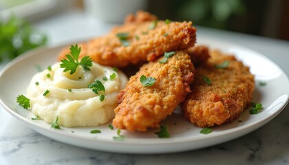 Fototapeta premium Golden fried chicken pieces served with creamy mashed potatoes, garnished with fresh parsley on white plate. Delicious, comforting meal, featuring crispy poultry, smooth potato side, looks