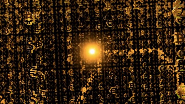 gold dollar code on black background, digital abstract background. decryption and encoding, row matrix. digital space Matrix Numbers Loop Digital