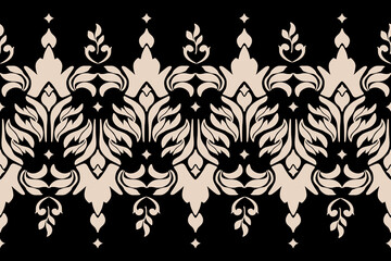 vector Design, Victorian Damask Pattern,Cream,Black background,Vintage style Luxury,Oriental Ethnic,Traditional,Aztec Abstract,for Surface,Fabric,Clothing,Textiles and Decor Classic Seamless Pattern.