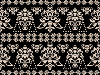 vector Design, Victorian Damask Pattern,Cream,Black background,Vintage style Luxury,Oriental Ethnic,Traditional,Aztec Abstract,for Surface,Fabric,Clothing,Textiles and Decor Classic Seamless Pattern.