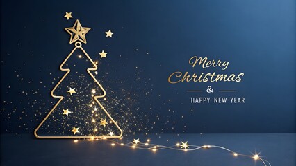 Elegant Christmas Tree Outline with Golden Stars and Lights on Blue