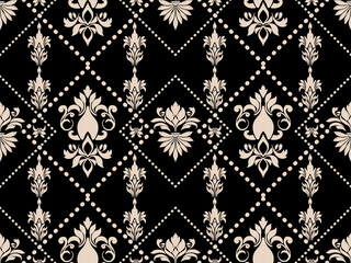 vector Design, Victorian Damask Pattern,Cream,Black background,Vintage style Luxury,Oriental Ethnic,Traditional,Aztec Abstract,for Surface,Fabric,Clothing,Textiles and Decor Classic Seamless Pattern.