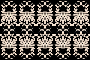 vector Design, Victorian Damask Pattern,Cream,Black background,Vintage style Luxury,Oriental Ethnic,Traditional,Aztec Abstract,for Surface,Fabric,Clothing,Textiles and Decor Classic Seamless Pattern.