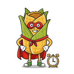 Cute Superhero Corn Character with Red Cape and Clock