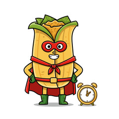 Superhero Corn Character with Red Cape and Clock Cartoon