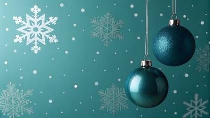 Elegant Teal Holiday Background with Snowflakes and Baubles for a Winter Celebration