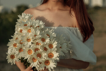 a bouquet of white daisies in close-up in the hands of a girl. film and grain effect