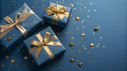 Elegant Wrapped Presents with Gold Ribbons and Star Confetti on Blue