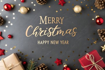 Elegant Christmas and New Year Greeting Card Design with Decorations on Dark Background