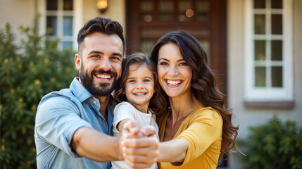 Happy family smiling in front of their new home, embracing each other with joy.