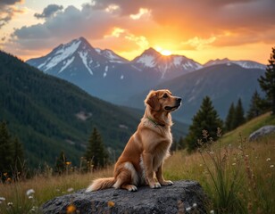 Obraz premium Golden retriever dog sits on rock in Colorado mountains at sunset. Fluffy puppy enjoys mountain landscape and golden hour light. Adorable pet on hiking adventure, nature scenery.