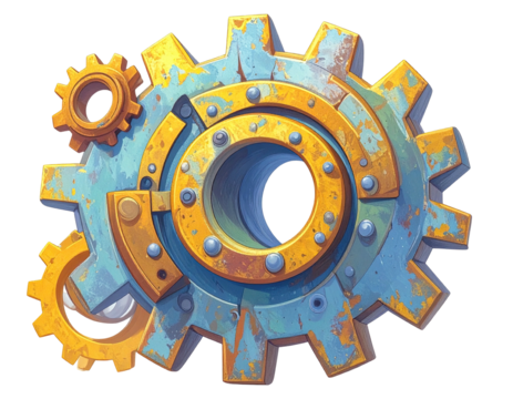 Rusty, colorful gears interlock in a complex design