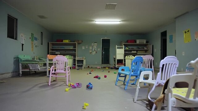 Abandoned, deserted daycare center, eerie atmosphere, horror, suspense, liminal space