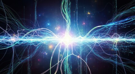 Neural network with shining light and connections in blue, purple, teal