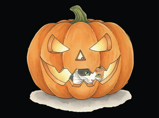 A Calico cat is hiding in the huge demon pumpkin