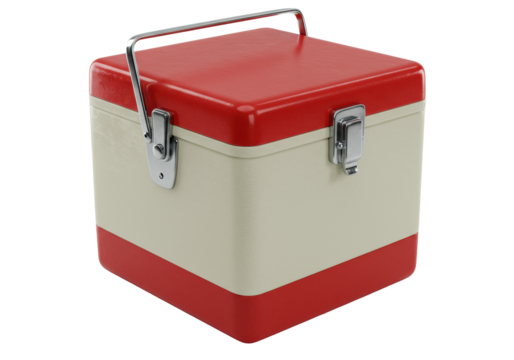 Vintage two-tone cooler, glossy red lid, off-white body, dark red base, chrome latch and handle, on transparent background with copy space. Concept of classic design