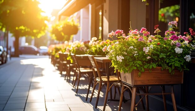 Outdoor Cafe Seating with Flower Boxes on Sunny Street