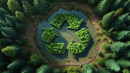 Aerial view of a circular recycling symbol formed by miniature trees and bushes in a forest pond
