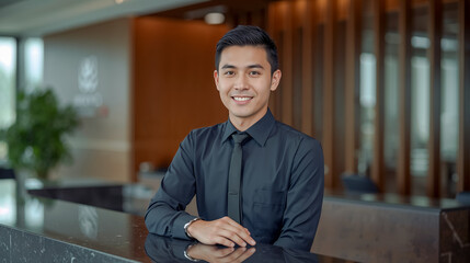 Smiling Asian businessman in a modern office setting