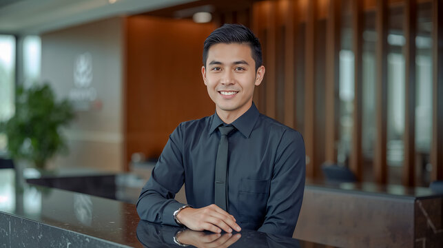 Smiling Asian businessman in a modern office setting - Powered by Adobe