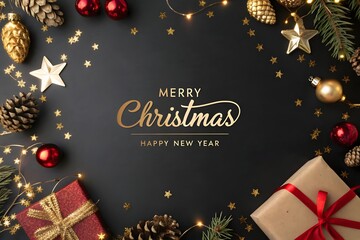 Elegant Christmas Decoration with Gifts Lights Pine Cones and Ornaments on Dark Background