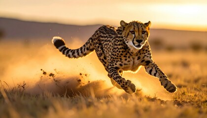 Cheetah Running at Sunset in African Savanna