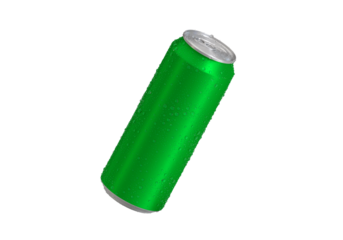 Green Aluminum soda can with water drops, transparent background background