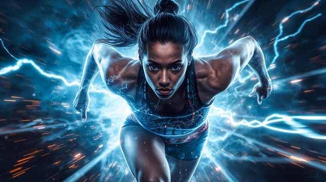 Energetic female athlete sprinting forward with electric energy surrounding her.