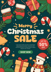 Merry Christmas Sale Poster with a Joyful Snowman, and Presents Christmas Ornaments. Vector Illustration