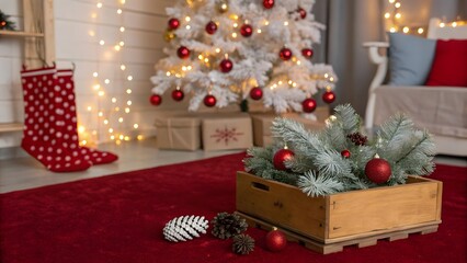 Cozy Holiday Scene with Decorated Tree Stockings and Pine Branches