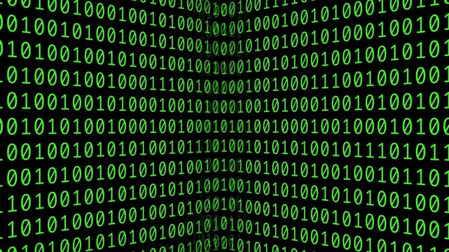 Motion graphics animation of illuminated green binary code falling down in digital space Computer binary matrix digital rain information flow High