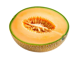 Close-up of cantaloupe half, pale orange flesh, visible seeds