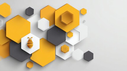 Obraz premium A stylized depiction showcases a honeybee amidst a geometric arrangement of overlapping hexagonal shapes, evoking themes of nature and industriousness with a modern aesthetic.
