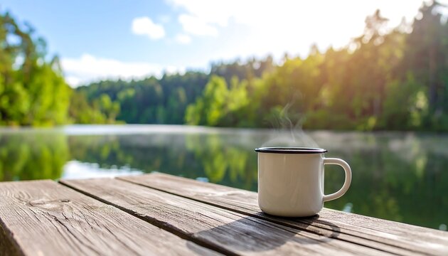 A white mug of coffee steaming on a wooden dock overlooking a lake and forest