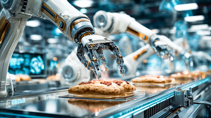 Robotic arms in a futuristic bakery producing fresh bread