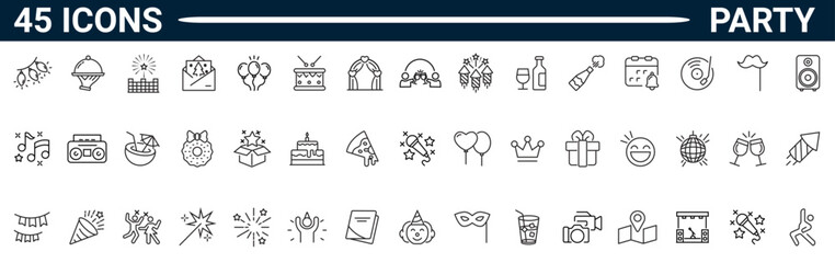 Set of 45 outline icons related to party. Linear icon collection. Editable stroke. Vector illustration. 