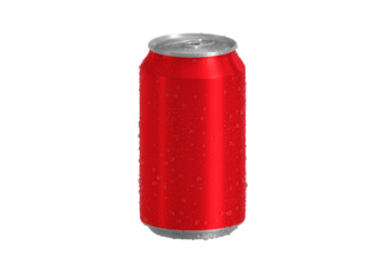 Top view. Red Aluminum soda can with water drops, transparent background background