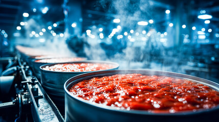 Tomato sauce production line in a food processing factory