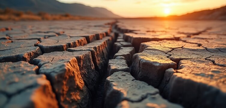 Cracked earth surface showing fault lines, natural disaster concept. Dry, fractured ground with seismic activity implications under sunset light. Highlights geological instability, potential for