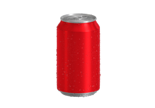 Top view. Red Aluminum soda can with water drops, transparent background background