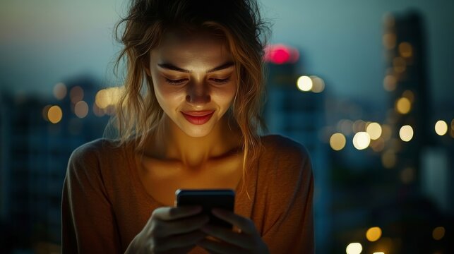Young woman smiling at her smartphone in the city at night, enjoying social media connections.