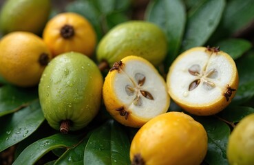 Close-up photo of cagaita fruits. Yellow, green colors. Exotic edible wild fruit from Brazil cerrado biome. Healthy fresh tropical food with green leaves background. Sliced open fruit showing seeds.