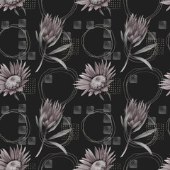 Abstract  print with geometric elements and protea on black background. Watercolor seamless pattern. Hand drawn  illustration. Mixed media art
