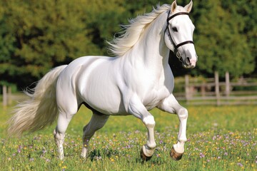 Obraz premium Majestic white horse galloping in a lush meadow nature scene vibrant wildflowers serene environment