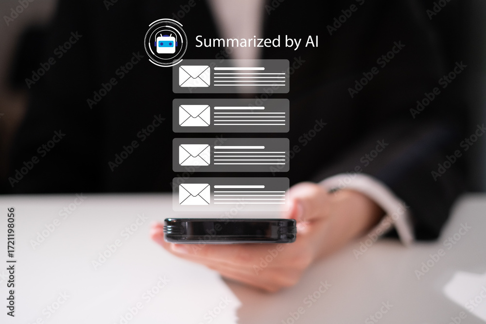 Poster businessman using artificial intelligence as personal assistant smart tool technology to summarize e