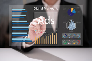 Businessman looking at information report data analysis digital marketing online advertisement social media promotion campaign strategy business technology concept