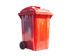 Red plastic garbage bin,?lid closed,?on wheels,?isolated on black background