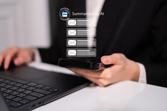 Professional businessman using ai artificial intelligence as personal assistant to summary email electronic mail in every morning future technology management to boost efficiency productivity laptop